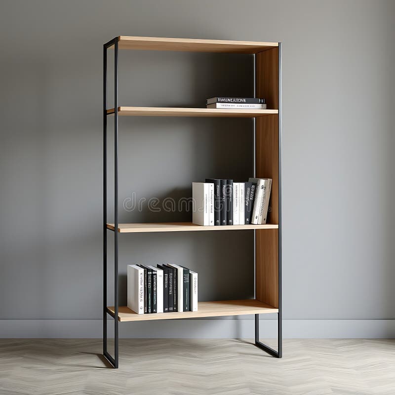 Eine Bücherregale, minimalistisch aus mattschwarzem Metall und hellem Aschenholz lizenzfreie abbildung