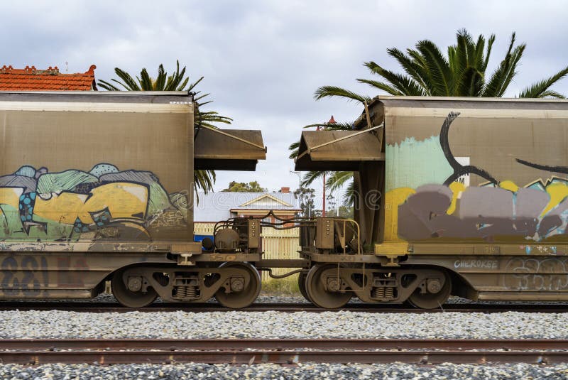 Eine cbh Klasse von dieselelectric in der Seeanmut gestoppt. Die cbh dieselelectric Güterzuglokomotive-Frachtlastwagen. Der Zug wurde an der Seeanmut in West-Australien mit der Stadt im Hintergrund gestoppt.