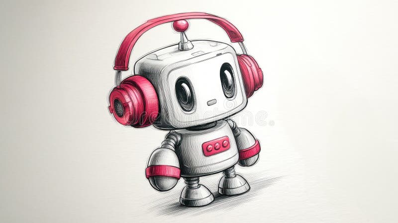 Eine charmante Roboter-Illustration mit roten Kopfhörern, ideal für spielerische und technologische Konzepte. lizenzfreie abbildung