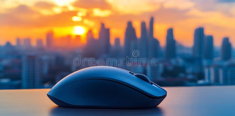 Eine Computermaus oben sitzt auf einem Schreibtisch, der durch natürliches Licht, das durch das Fenster strömt, in einer stockbilder