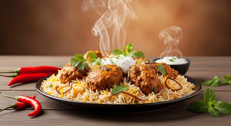 Eine dampfende Platte Biryani überzogen mit würzigen Hühnchen und mit stock abbildung
