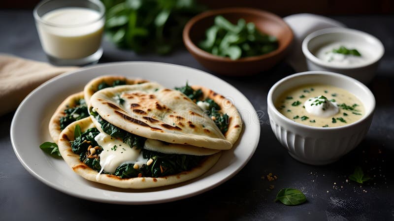 Eine dampfende Platte mit gefüllten Broten gefüllt mit Spinat und Käse neben einer Schüssel Jogurt lizenzfreie abbildung
