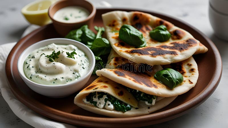 Eine dampfende Platte mit gefüllten Broten gefüllt mit Spinat und Käse neben einer Schüssel Jogurt stock abbildung