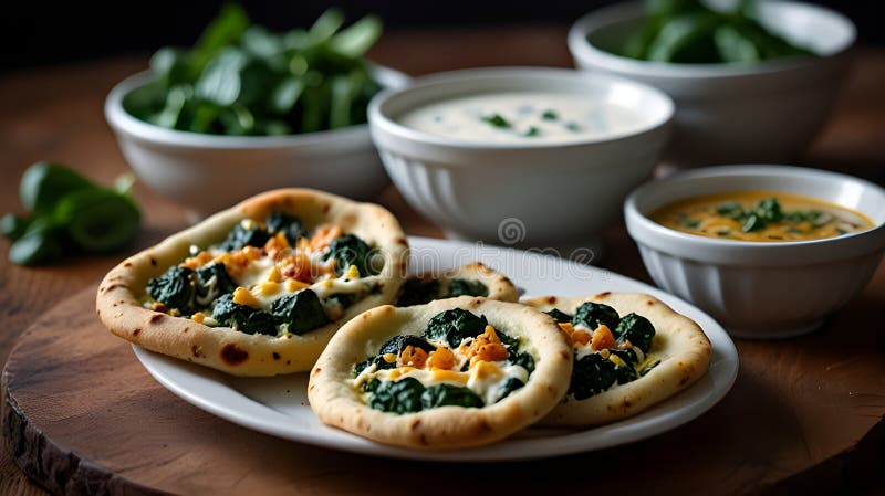 Eine dampfende Platte mit gefüllten Broten gefüllt mit Spinat und Käse neben einer Schüssel Jogurt stock abbildung