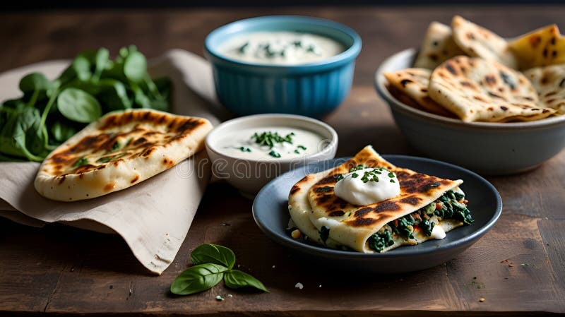 Eine dampfende Platte mit gefüllten Broten gefüllt mit Spinat und Käse neben einer Schüssel Jogurt stock abbildung
