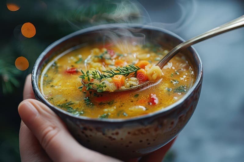 Eine dampfende Schüssel mit herzhafter Linsensuppe mit frischen Kräuter stock abbildung