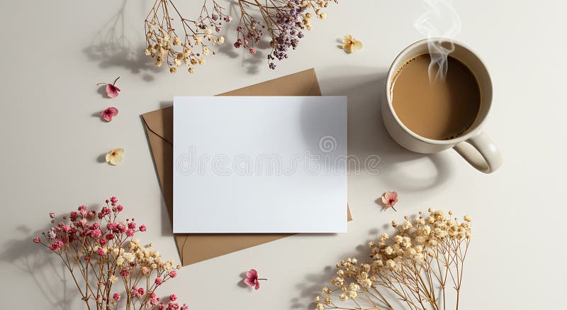 Eine Dampftasse Kaffee sitzt neben einer weißen leeren Karte auf einem braunen Umschlag auf vektor abbildung