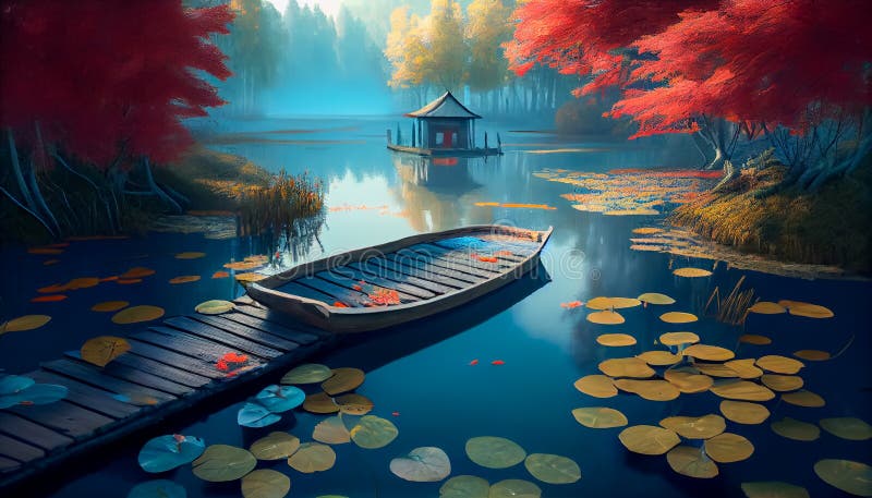Eine Darstellung eines kleinen Bootes am Anlegesteg in einem miessigen Herbstvormittag typisch japanischer Stil Garten aigeneriert vektor abbildung