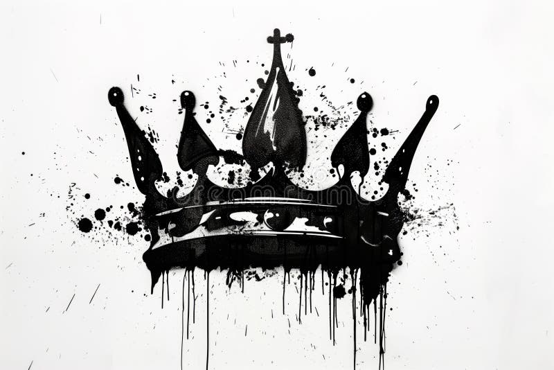 A detailed black and white drawing of a regal crown, grunge ink graffiti spray pattern splashes white background. AI generated. A detailed black and white drawing of a regal crown, grunge ink graffiti spray pattern splashes white background. AI generated