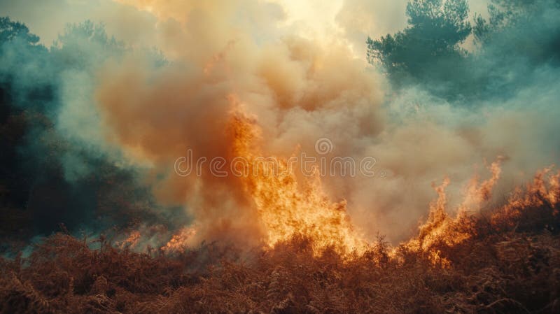 Eine dramatische Landschaft von Waldbränden. Flammen steigen in dicke Rauchwolken über. dieses Bild lizenzfreie stockfotografie