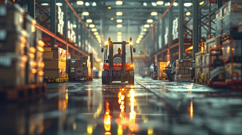 A dynamic scene in a large warehouse with a forklift, A warehouse environment. AI generated. A dynamic scene in a large warehouse with a forklift, A warehouse environment. AI generated