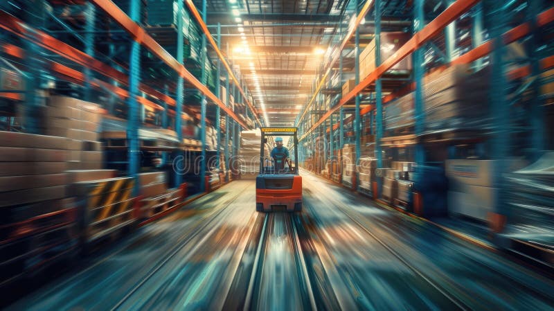 A dynamic scene in a large warehouse with a forklift, A warehouse environment. AI generated. A dynamic scene in a large warehouse with a forklift, A warehouse environment. AI generated