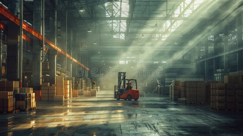 A dynamic scene in a large warehouse with a forklift, A warehouse environment. AI generated. A dynamic scene in a large warehouse with a forklift, A warehouse environment. AI generated