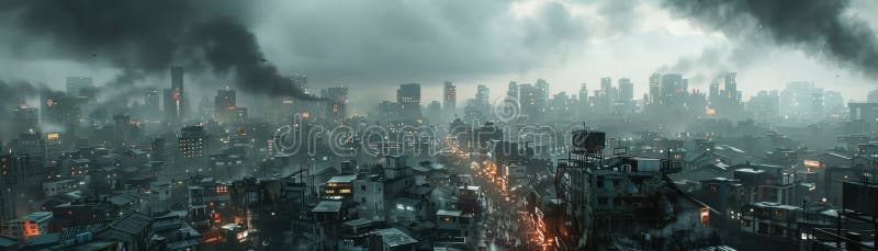 A dark, dystopian cityscape with tall buildings, smoke, and a gloomy sky. A dark, dystopian cityscape with tall buildings, smoke, and a gloomy sky