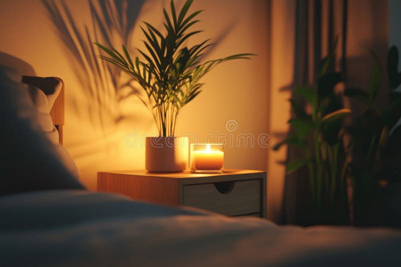 Eine einzige beleuchtete Kerze sitzt neben einer kleinen Topfpflanze auf einem Nachttisch lizenzfreies stockbild