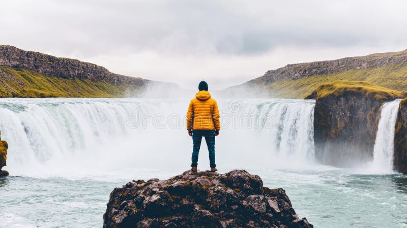 Eine einzige Figur steht auf einem Felsen über einem gewaltigen Wasserfall. stockfoto
