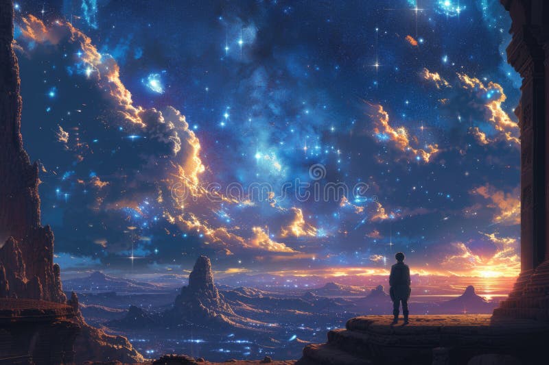 Eine einzige Figur steht an einem Abgrund, der in einen dynamischen kosmischen Abgrund blickt, mit Sternen und Nebel, die ein spek stockfotos
