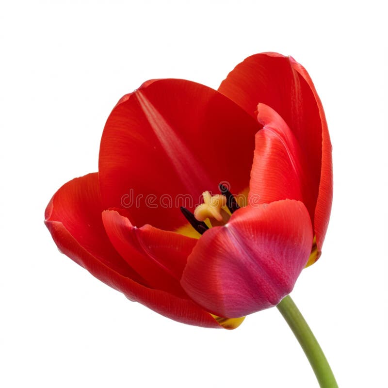 Eine einzige lebendige rote Tulpe mit samtigen Blättern sanft geöffnet, um sein dunkles Stamen zu zeigen vektor abbildung