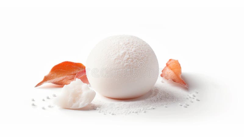 Eine einzige sanfte japanische Mochi-Dessert mit zarten Herbstblättern. stock abbildung