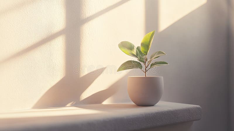 Eine einzige Topfpflanze auf einem hellen Fensterbrett mit weichem natürlichem stockbild