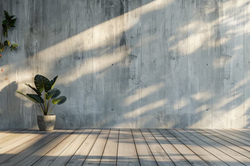 Eine einzige Topfpflanze auf einem Holzfußboden vor einer Betonwand stockfotos