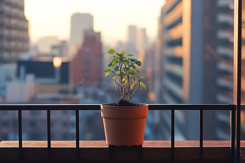 Eine einzige Topfpflanze auf einem kleinen Balkon mit Blick auf die Stadt stockbilder