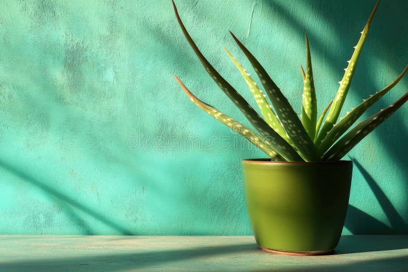 Eine einzige Topfpflanze sitzt auf einem Tisch vor einer großen grünen Wand, die schlicht und minimalistisch ist stockfotografie