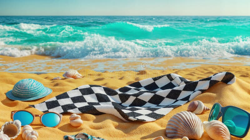 Eine entspannende Strandlandschaft mit einem schwarz-weiß karierten Handtuch lizenzfreie abbildung