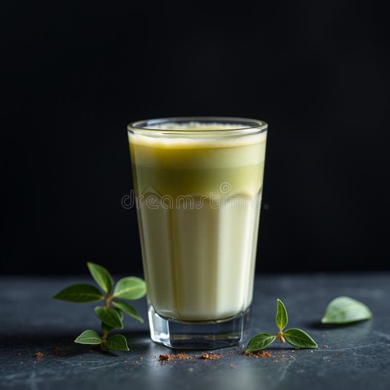 Eine erfrischende Matcha-Latte, die in einem hellen Glasset vor dunklem Hintergrund serviert wird lizenzfreie abbildung