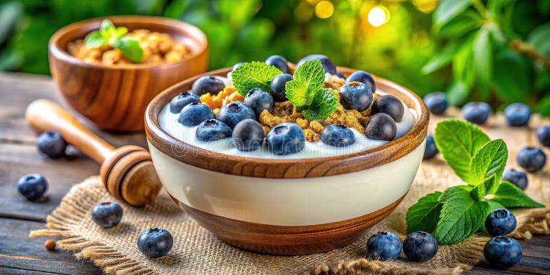 Eine erfrischende Schüssel Jogurt mit Heidelbeeren und Granola mit frischen Minzblättern auf einem rustikalen Holztisch. Generativ vektor abbildung