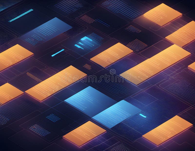 Eine faszinierende isometrische Visualisierung von Blöcken und Datenstrukturen in einer modernen, modernen Benutzeroberfläche. Isometrische Visualisierung mit quadratischen rechteckigen Blöcken in orangen und blauen Farbtönen, die diagonal über einen dunklen Hintergrund angeordnet sind. Die Blöcke ähneln Datenmodulen mit Linien und Gittern, die Konnektivität und Datenfluss nahe legen. Das Design besticht durch eine moderne Schnittstelle, die ästhetisch ist und digitale Strukturen betont. Das Zusammenspiel von Licht und Schatten auf den Blöcken verleiht der Tiefe ein Gefühl von Dimension und Bewegung.