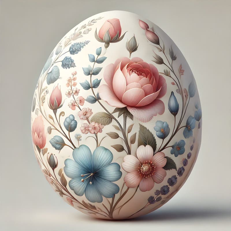 Eine fein dekorierte Osterei mit feinen Blumenmustern rosenblauer Blüten und zarten Weinreben. lizenzfreie abbildung