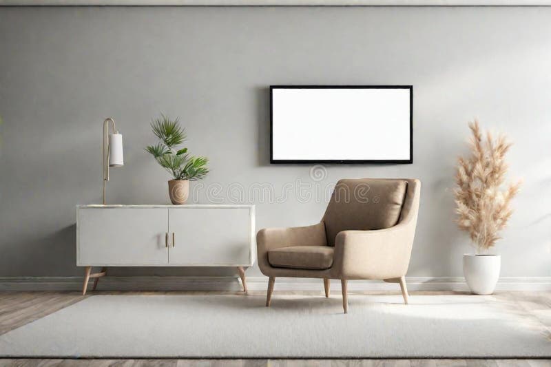 Eine Fernsehwand mit Sessel im Wohnzimmer mit weißer Wand3d Rendering vektor abbildung
