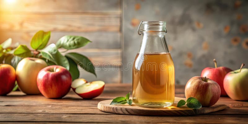 Eine Flasche Apfelwein ruht auf einem rustikalen Holzbrett, umgeben von reifen saftigen Äpfeln und lebhaften grünen Blättern gebad lizenzfreie abbildung