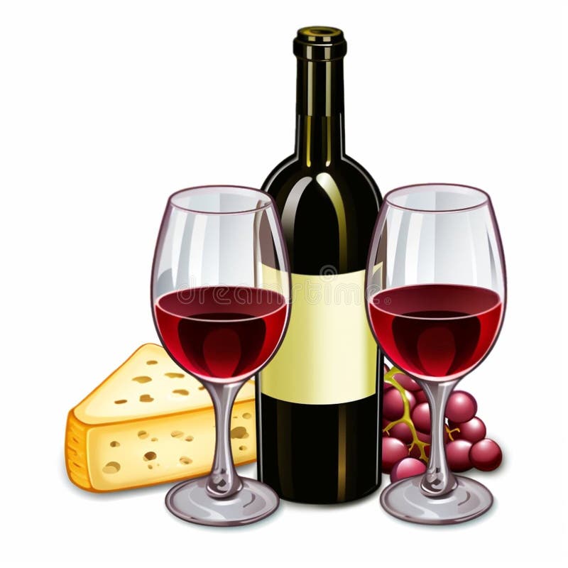 Eine Flasche Rotwein, zwei Gläser, ein Haufen Trauben und Käse stock abbildung