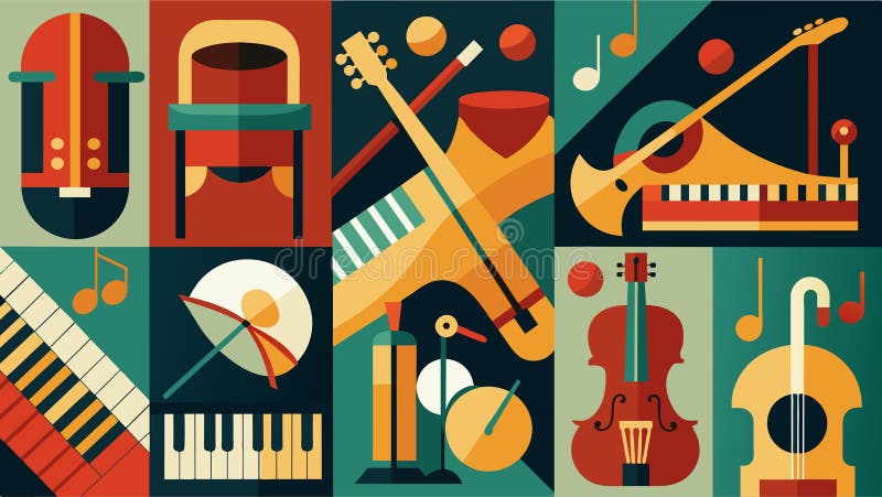 Eine Fotocollage, in der Bilder verschiedener Instrumententypen zusammengestellt werden, die die einzigartigen Texturen und Formen vektor abbildung