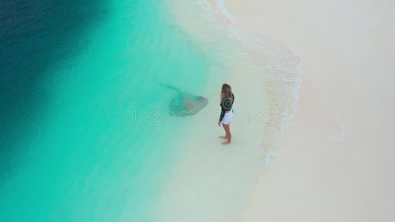 Eine Frau, die auf der Insel Fulidhoo in den Malediven einen Steg auf einem weißen Sandstrand mit türkisfarbenem Ozean nährt. Luft stock video