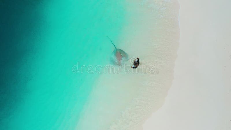 Eine Frau, die auf der Insel Fulidhoo in den Malediven einen Steg auf einem weißen Sandstrand mit türkisfarbenem Ozean nährt. Luft stock video footage