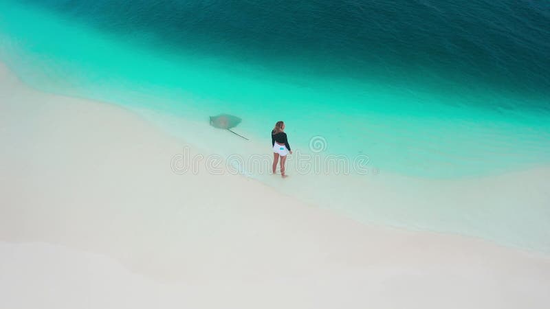 Eine Frau, die auf der Insel Fulidhoo in den Malediven einen Steg auf einem weißen Sandstrand mit türkisfarbenem Ozean nährt. Luft stock video footage