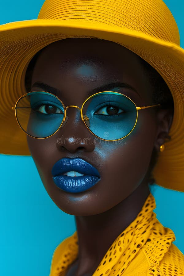 A woman with a yellow hat and sunglasses, sporting blue lipstick, showcases her unique facial expression. Her white forehead contrasts with the bright yellow eyewear, highlighting her bold style AI generated. A woman with a yellow hat and sunglasses, sporting blue lipstick, showcases her unique facial expression. Her white forehead contrasts with the bright yellow eyewear, highlighting her bold style AI generated