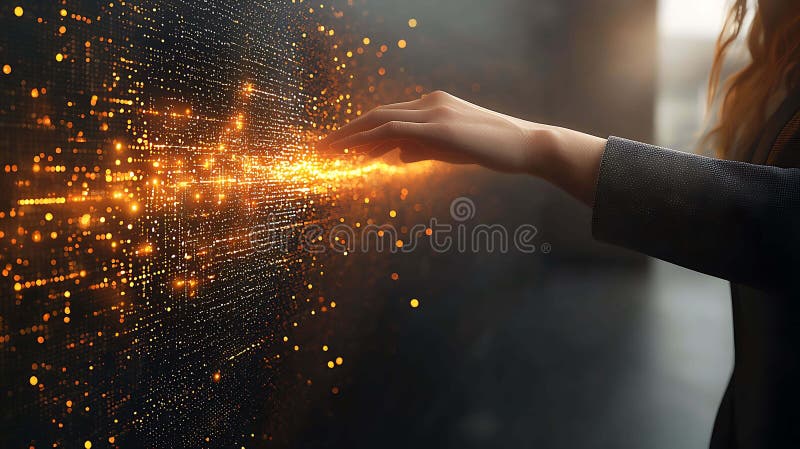 Eine Frau interagiert sanft mit einem glitzernden goldenen Datenstrom, der auf Innovationstechnologie oder die Kraft des Menschen lizenzfreie abbildung