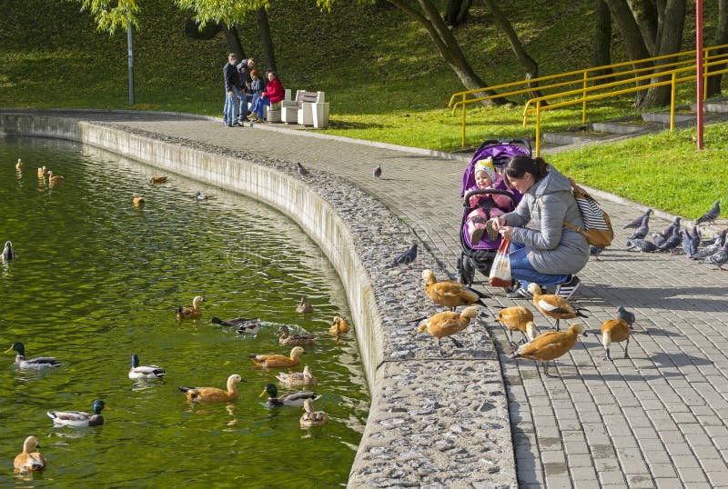 Eine Frau mit einem Baby zieht Enten auf dem Kaiteich ein stockfotografie Eine Frau mit einem Baby zieht Enten auf dem Kaiteich ein stockfotografie