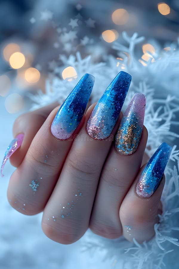 A liquid nail polish in azure and violet colors is beautifully painted on a womans nail. Her finger with a long blue and pink nail is delicately holding a snowflake AI generated. A liquid nail polish in azure and violet colors is beautifully painted on a womans nail. Her finger with a long blue and pink nail is delicately holding a snowflake AI generated