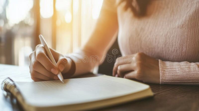 Eine Frau schreibt in einem Notebook mit strukturierter Stoffabdeckung mit Stift lizenzfreie abbildung