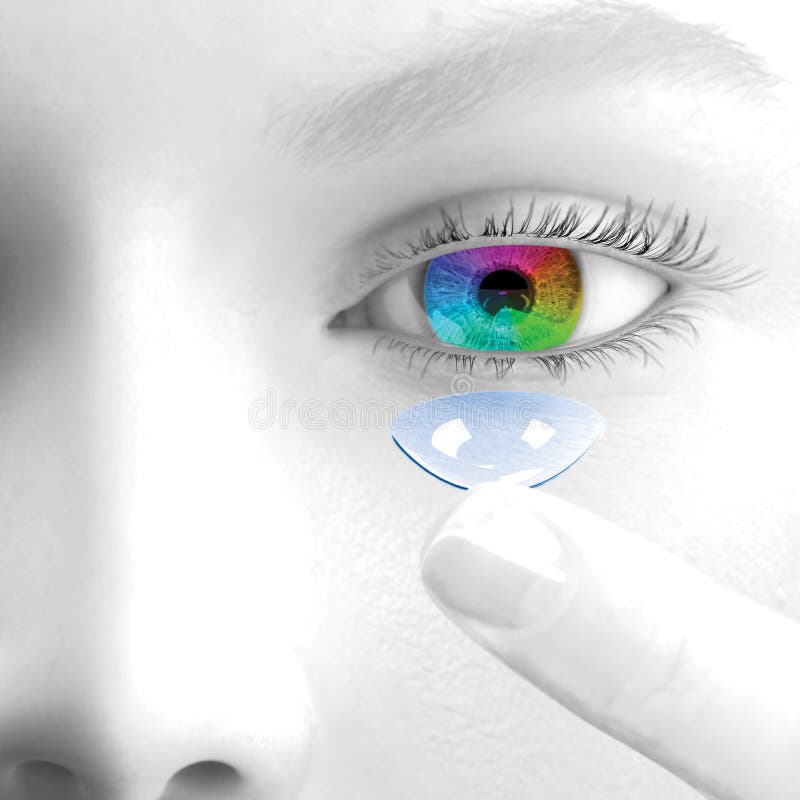 Eine Frau setzt Kontaktlinsen 3d übertragen