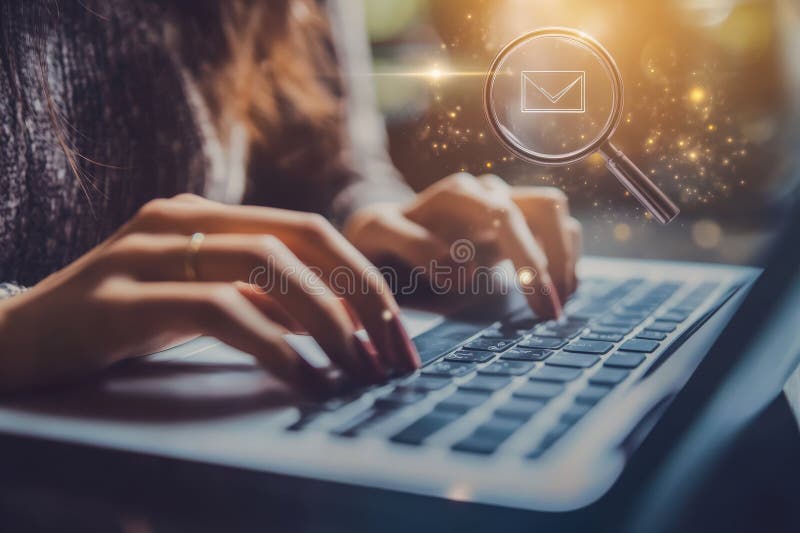 Eine Frau tippt derzeit auf ihrem Laptop mit Schwerpunkt auf ihrer Arbeit lizenzfreie abbildung
