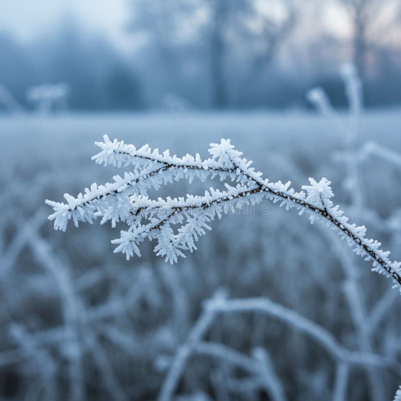 Eine frostige Landschaft mit einem nahen, dünnen Zweig, der mit feinem Weiß überzogen ist stock abbildung