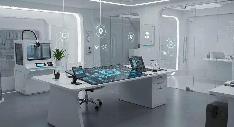 Eine futuristische Büroeinrichtung mit fortschrittlicher Technologie. Futuristische Büros mit schlankem minimalistischem Design mit fortschrittlichen technologischen Elementen. Zentral für die Einrichtung ist ein großer Schreibtisch mit integrierten digitalen Touchscreen-Displays. Transparente Mauern verbessern die mit holografischen Projektionen und Informationssymbole überzogene Umgebung. Neben dem Schreibtisch befindet sich ein 3D-Drucker, der Innovation und Vielseitigkeit unterstreicht. Neutrale Farbtöne mit überwiegend weißen und grauen Farbtönen unterstreichen Modernität. Die Beleuchtung der Räume ist in die Decke integriert, wodurch das zeitgenössische Erscheinungsbild weiter verbessert wird.