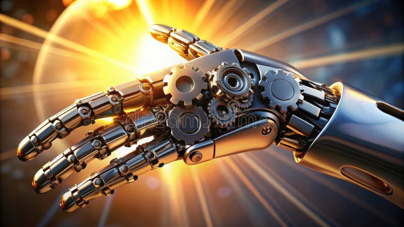 Eine futuristische Roboterhand, die Gänge und Mechanismen ausstreckt, die durch ein warmes Licht sichtbar sind. Generative AI stock abbildung