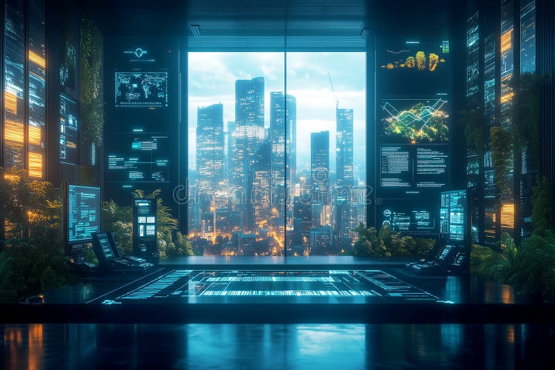 Eine futuristische Unternehmenszentrale, die den Handel mit Emissionsgutschriften in Echtzeit überwacht lizenzfreie abbildung